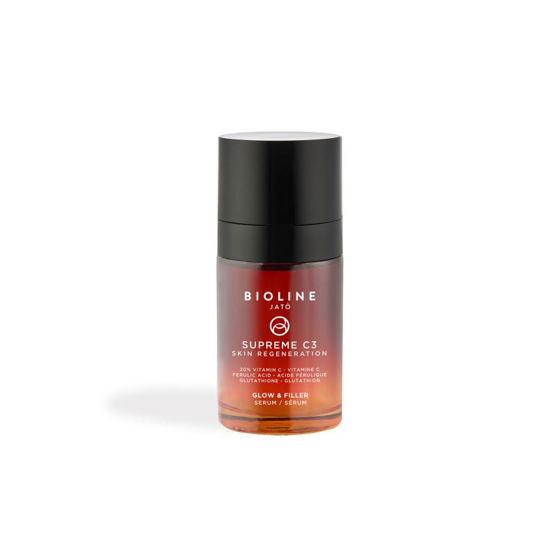 SÉRUM PRO ZÁŘIVOST A VÝPLŇ. 20 % VITAMÍNU C – KYSELINA FERULOVÁ – GLUTATHION  Sérum nové generace s precizním složením, které vyplňuje pleť a redukuje viditelné známky předčasného stárnutí způsobené expozomem a epigenetickými stresory. Dodává pleti mladistvý, mimořádně vyhlazený a hedvábný vzhled, zvyšuje její zářivost a sjednocuje tón.  Bohatá, jemně tající textura. Ultrakoncentrovaný 20% vitamín C v biologicky vstřebatelné formě, obohacený o zapouzdřenou kyselinu ferulovou a lipozomální glutathion.    Použití. Ráno a/nebo večer nanášejte sérum na pečlivě vyčištěnou pleť obličeje, krku a dekoltu. Jemně vmasírujte do úplného vstřebání. Dále pokračujte vaší běžnou kosmetickou rutinou.  Složení produktů Supreme C3 vyniká silou ultrakoncentrovaného 20% vitamínu C umocněnou astaxantinem, antioxidantem 6000krát silnějším než vitamín C, v kombinaci s:  3 super antioxidanty nové generace;  3 pokročilými a stabilními formami vitamínu C;  3 inteligentními transportními systémy;  1 Pro-Collagen peptidem.